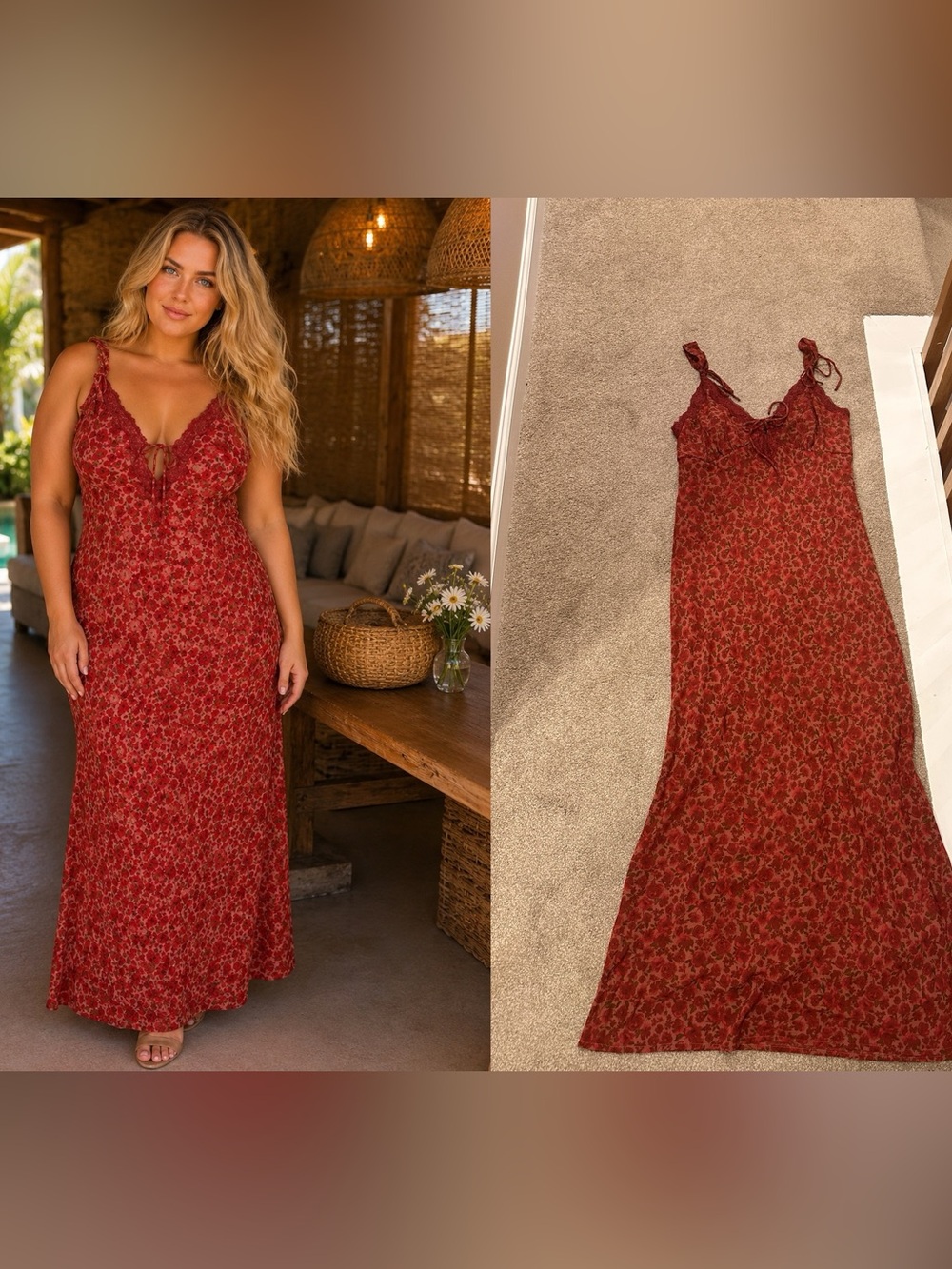 wild fable Red Floral Maxi Dress with Lace Straps